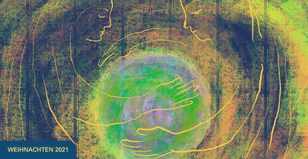 Gemaltes Bild von zwei Silhouetten umfassen eine Weltkugel, alles in Geld- und Grüntönen