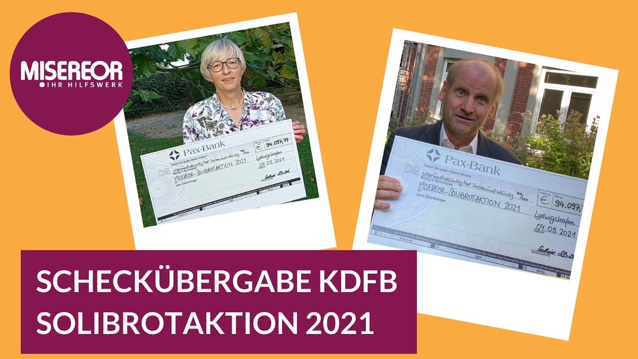 Thumbnail Collage mit Sabine Slawik (Vizepräsidentin KDFB) und Monsignore Spiegel (MISEREOR) jeweils mit dem Scheck
