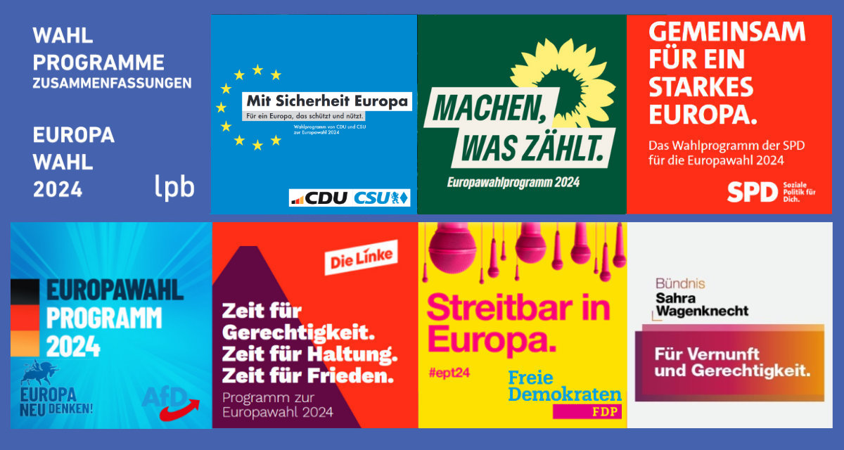 Collage der Wahlprogramm Cover zur Europawahl 2024